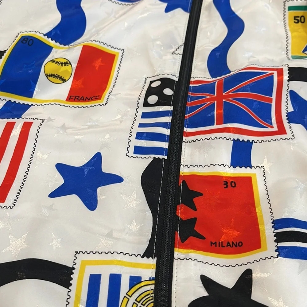Vintage Jordana Stamps Flags zip Up Jacket Elastic Waist Blouse Small - Picture 12 of 16